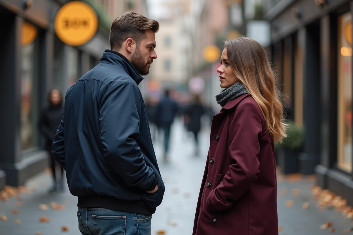 Couple en désaccord dans la rue, homme au comportement goujat ignorant sa partenaire