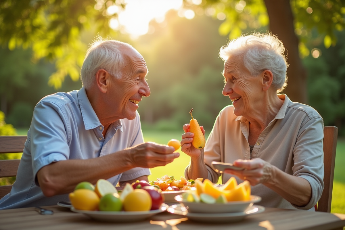Vieux couple dégustant une salade de fruits en plein air