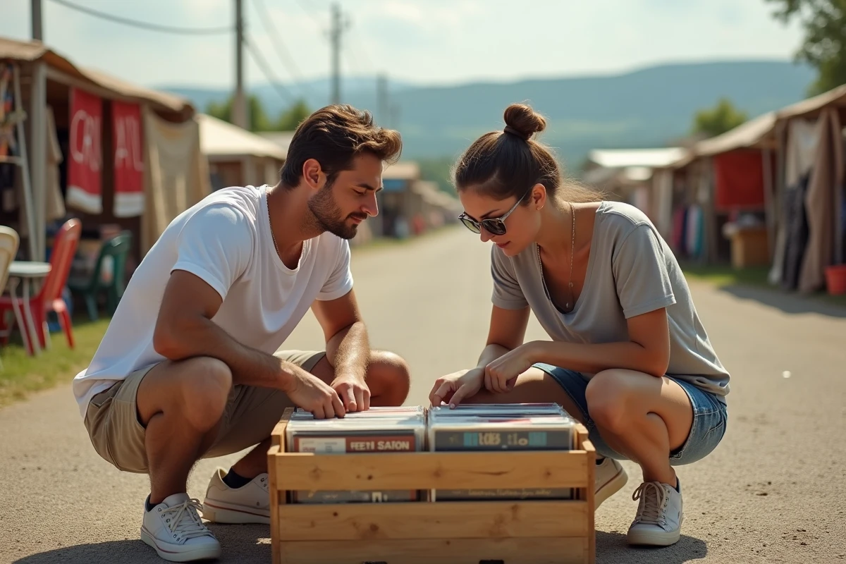 Couple de jeunes adultes cherchant des vinyles dans un vide-grenier dans le Lot un week-end d'été