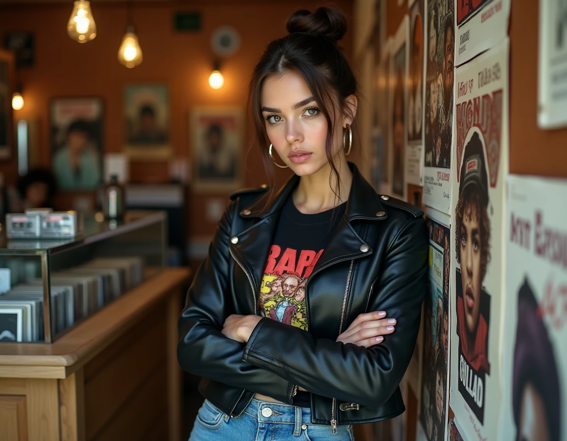 Jeune femme passionnée de rap entourée d'affiches vintage dans un magasin de disques indépendant illustrant la culture ego trip