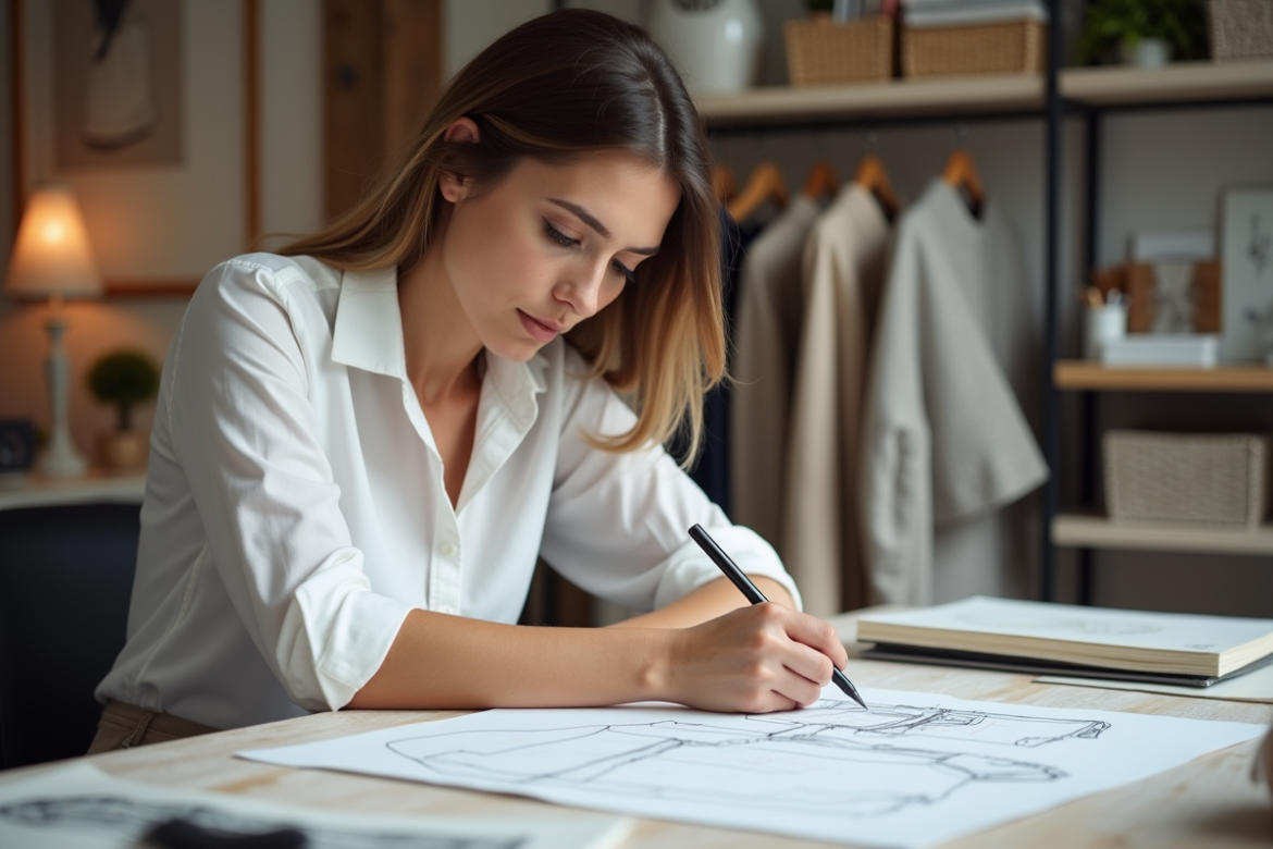 Créatrice de mode en studio esquissant des idées