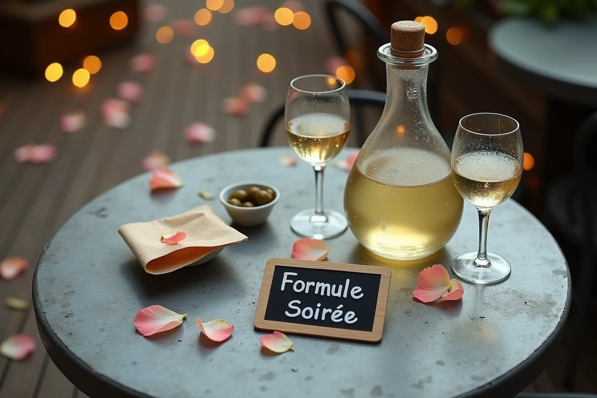 Détail d'une table de guinguette avec carafe de vin blanc, menu ardoise et décoration florale lors d'une soirée d'été à La Madeleine