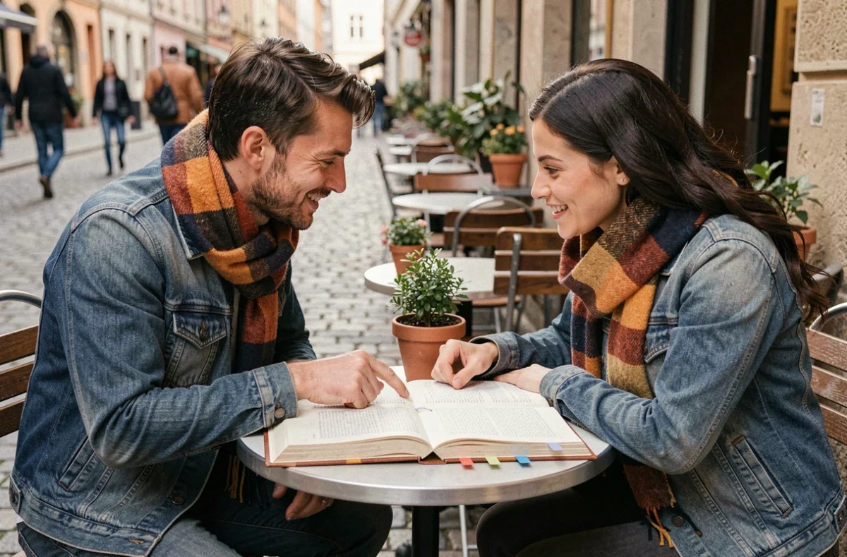 Deux personnes discutant d'un livre en terrasse de café, parcours de lecture conseillé Epsilon BL