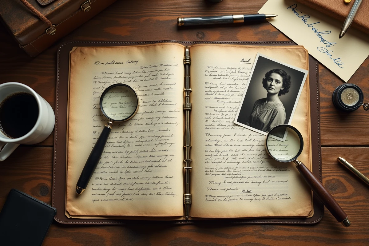 Vue aérienne d'un dossier d'archives avec documents anciens, photographie et lettres manuscrites liés à l'enquête sur Ruth Finley