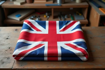 Drapeau du Royaume-Uni plié sur une table en bois, détail du tissu polyester avec coutures visibles