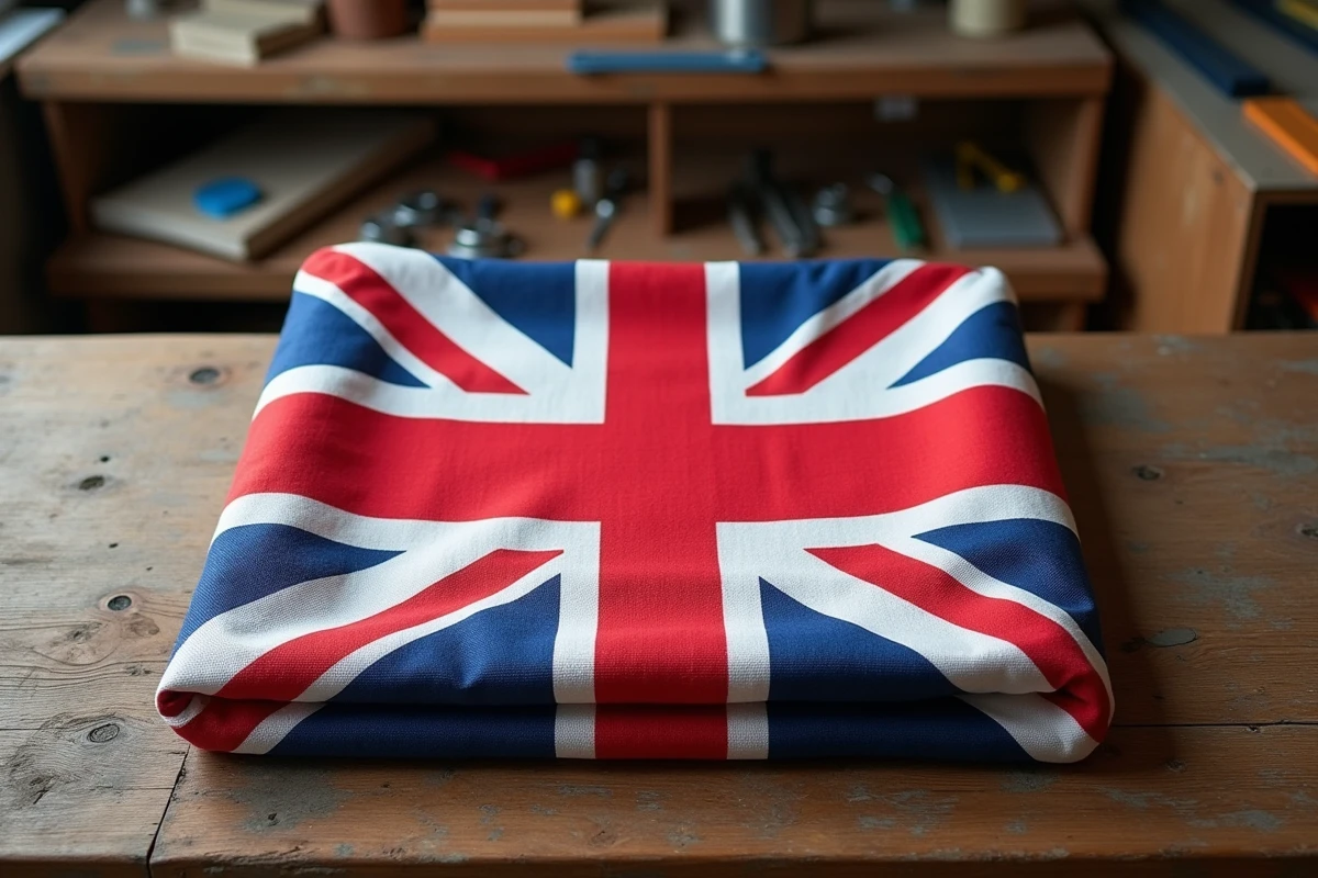 Drapeau du Royaume-Uni plié sur une table en bois, détail du tissu polyester avec coutures visibles