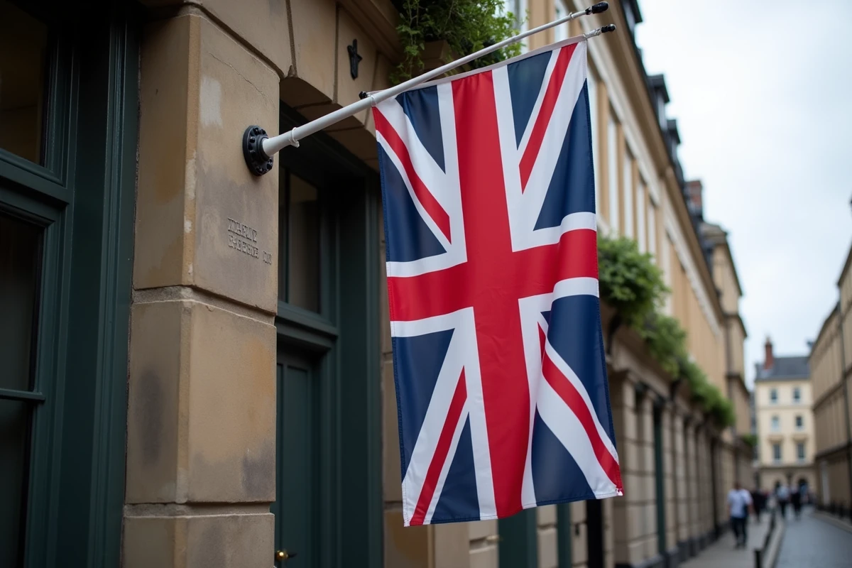 Grand drapeau Union Jack accroché sur un mur en pierre d'un bâtiment britannique traditionnel