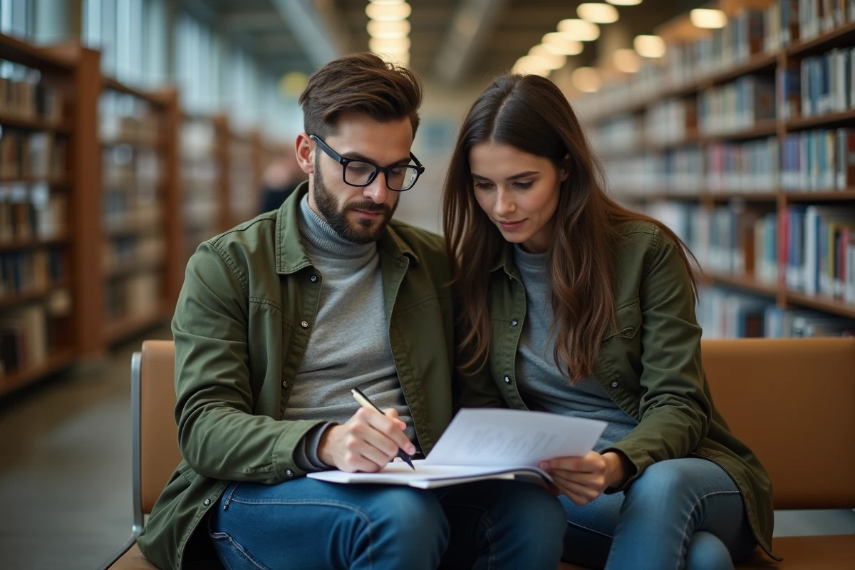 Deux personnes relisant et corrigeant ensemble un document écrit à la première personne dans une bibliothèque