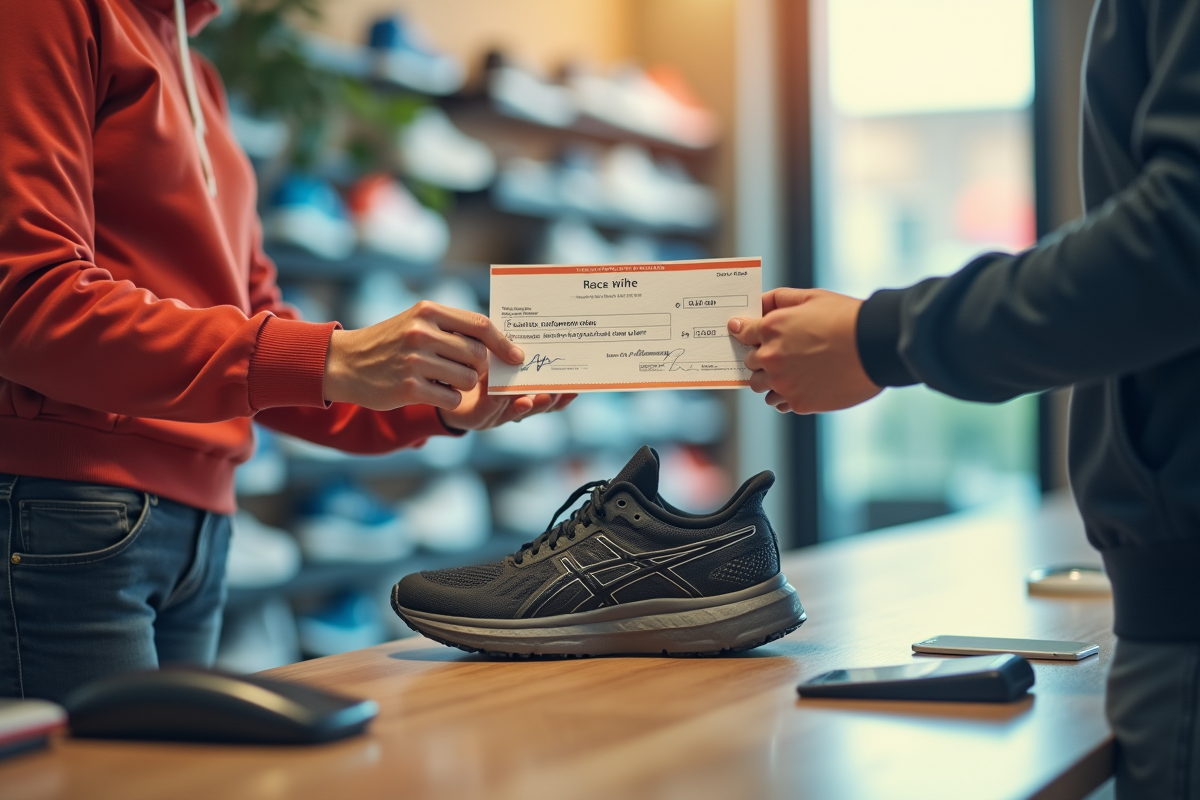 Main échangeant un bon de vacances contre des chaussures de course en magasin sportif