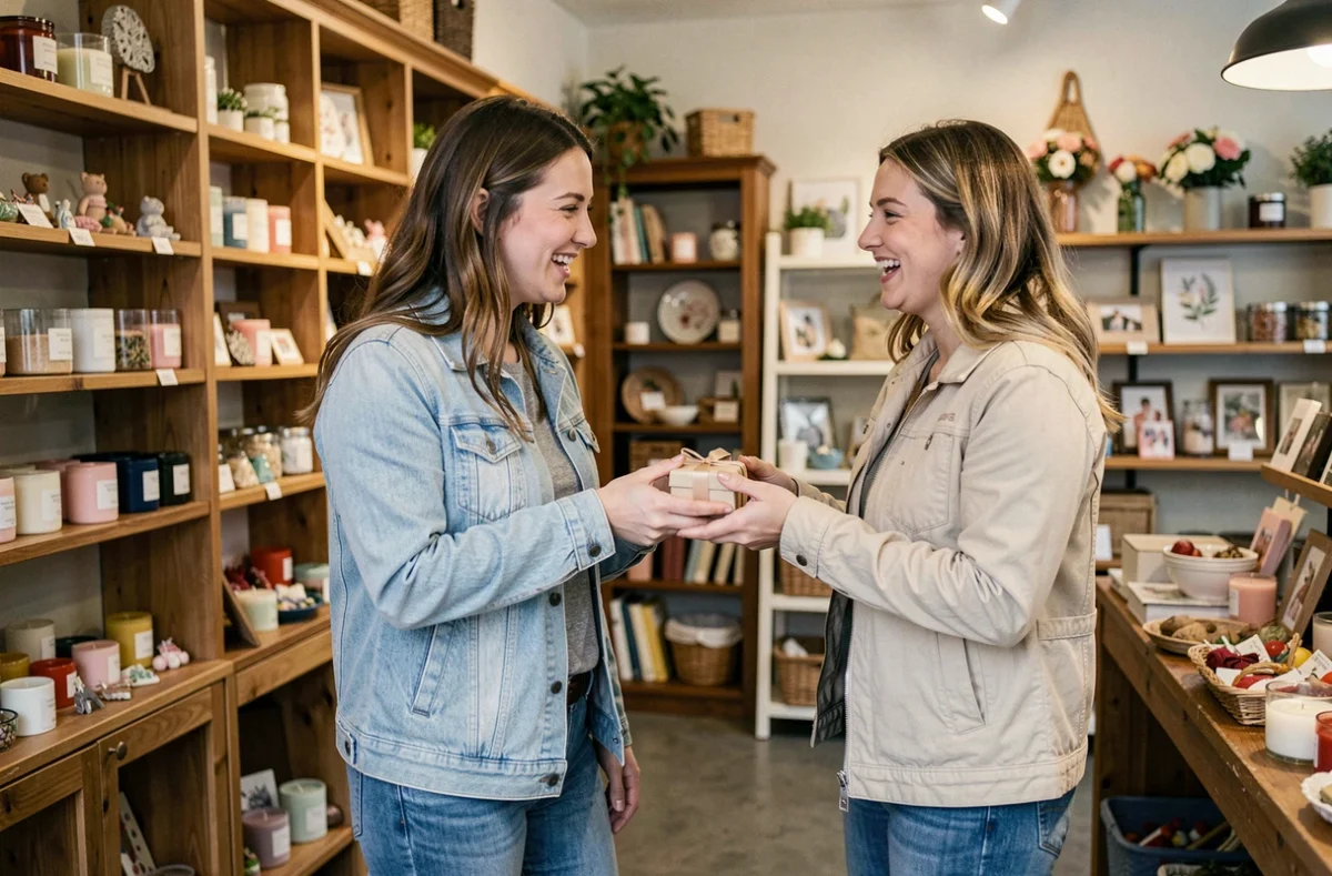 Deux amies échangeant un petit cadeau de dernière minute dans une boutique de cadeaux à 5 euros