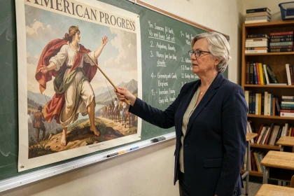 Enseignante d'histoire présentant la peinture American Progress de John Gast dans une salle de classe, pointant les détails allégoriques de l'œuvre devant ses élèves