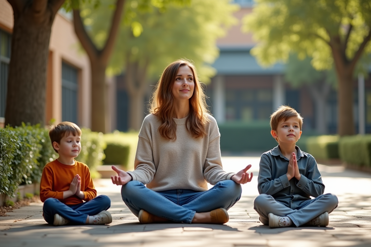 Enseignante et enfants en pleine respiration en cour d
