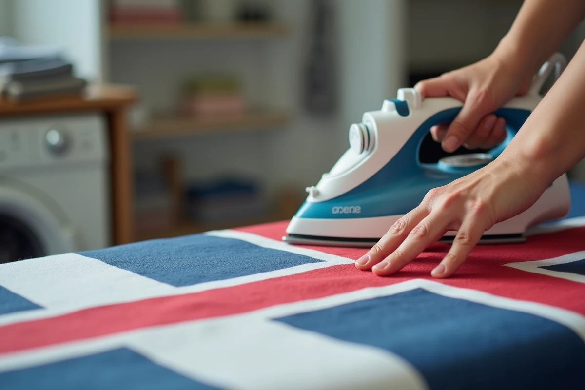 Mains repassant un drapeau du Royaume-Uni sur une planche à repasser, conseils d'entretien du tissu