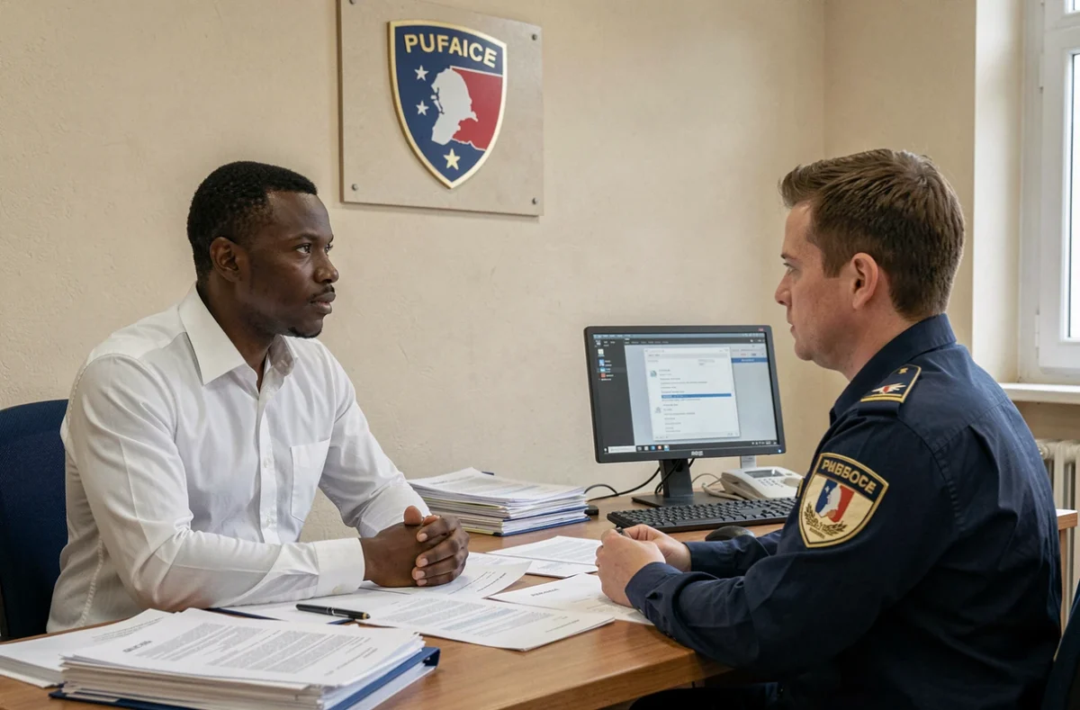 Homme lors d'un entretien de naturalisation dans un bureau administratif de la préfecture française