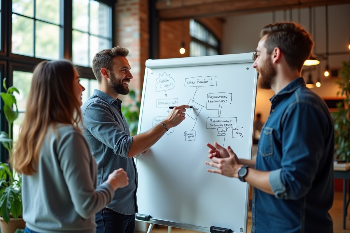 Groupe de trois personnes discutant autour d