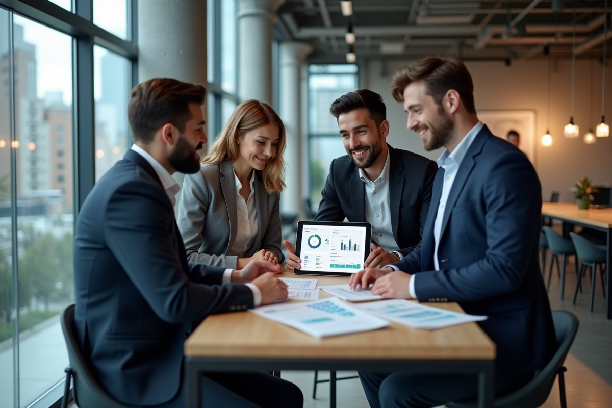 Groupe de jeunes professionnels discutant de CRM en open space