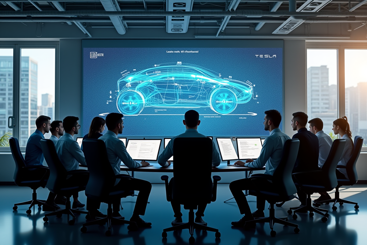 Ingénieurs travaillant sur des schémas AI dans un laboratoire Tesla