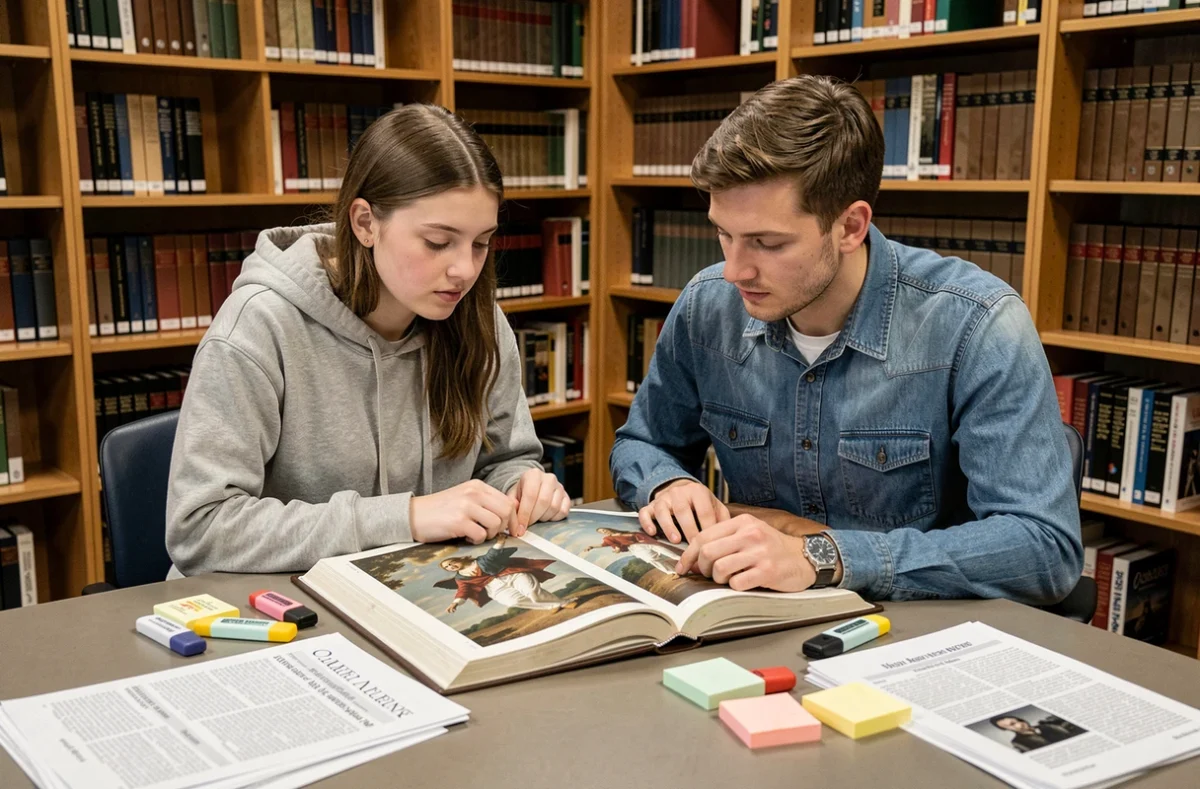 Deux étudiants en université consultant un manuel d'histoire de l'art ouvert sur la peinture American Progress de John Gast dans une bibliothèque académique