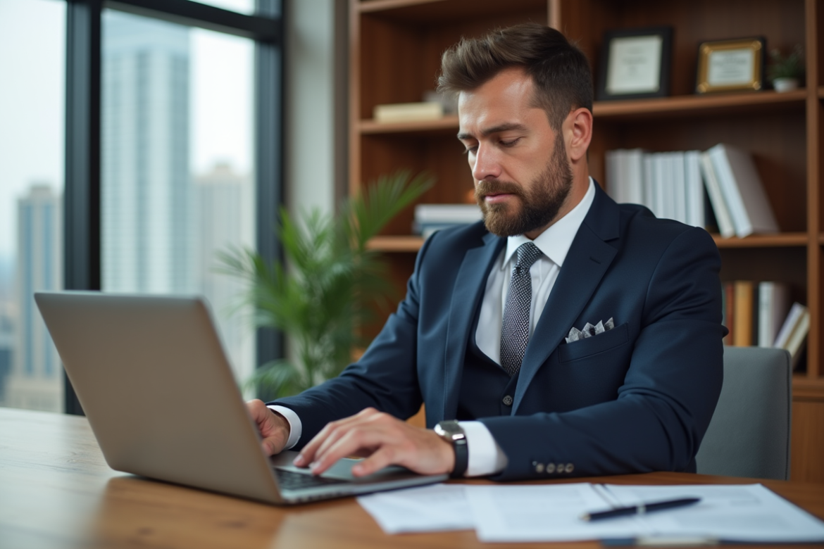 Agent immobilier homme en bureau moderne et lumineux