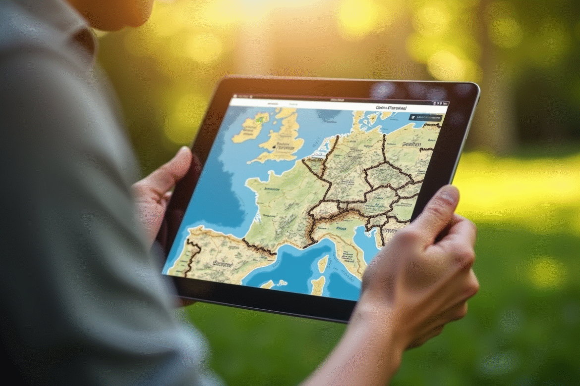 Personne utilisant une tablette en nature pour explorer la carte de France