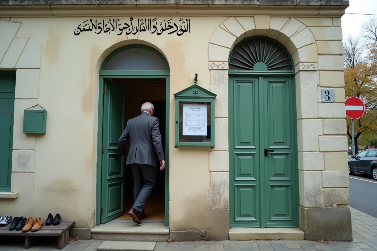 Façade d'une mosquée de quartier à Argenteuil avec tableau des horaires de prière affiché