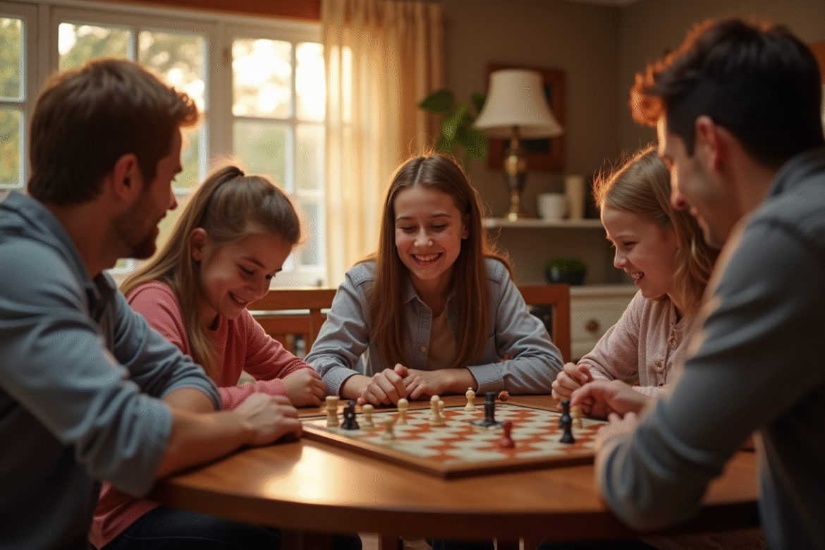 Famille heureuse jouant à un jeu de société dans un salon chaleureux