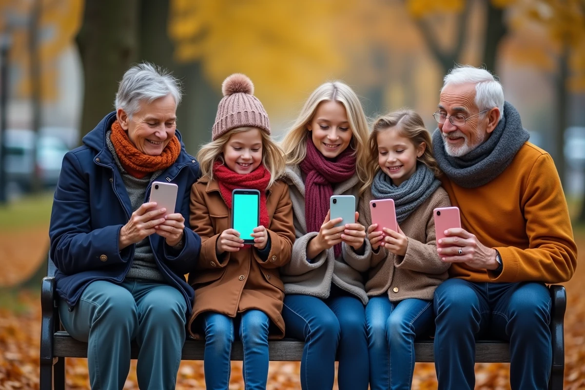 Famille multigeneration heureuse avec smartphones en plein air