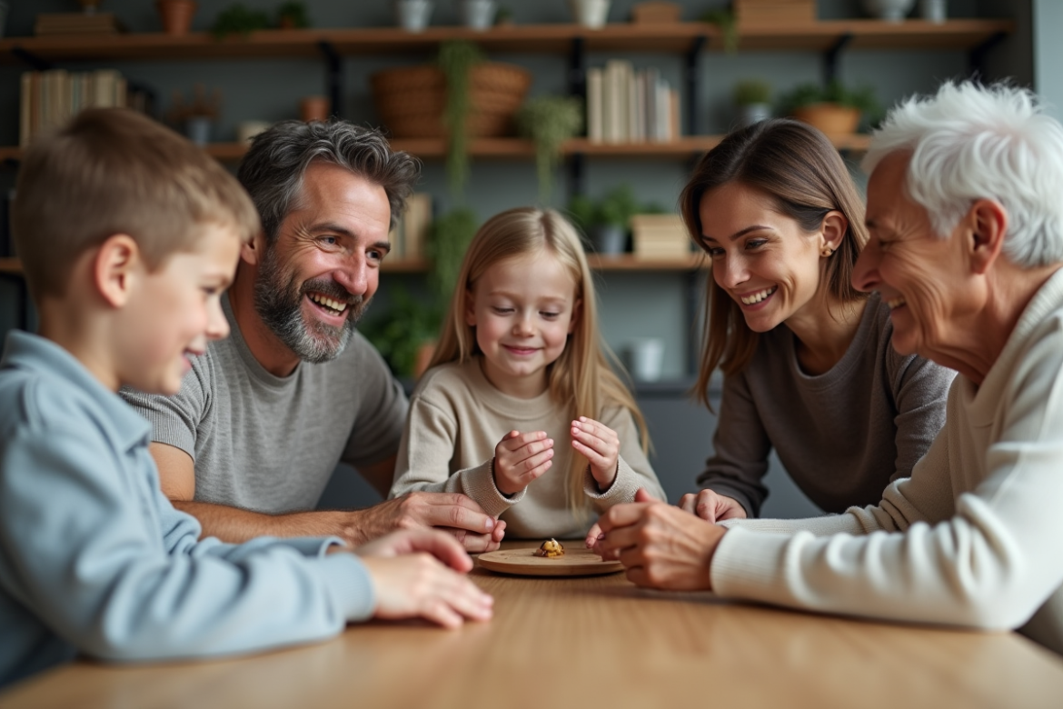 Famille multigenerations partageant un repas convivial à la maison