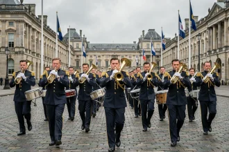 Fanfare militaire en uniformes officiels défilant sur une place pavée lors d'une cérémonie formelle