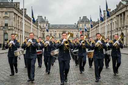 Fanfare militaire en uniformes officiels défilant sur une place pavée lors d'une cérémonie formelle