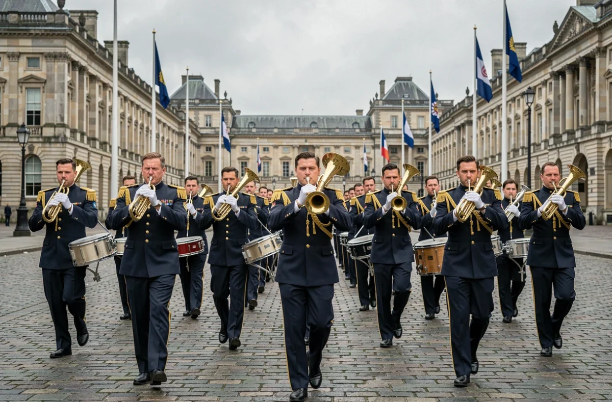 Fanfare militaire en uniformes officiels défilant sur une place pavée lors d'une cérémonie formelle