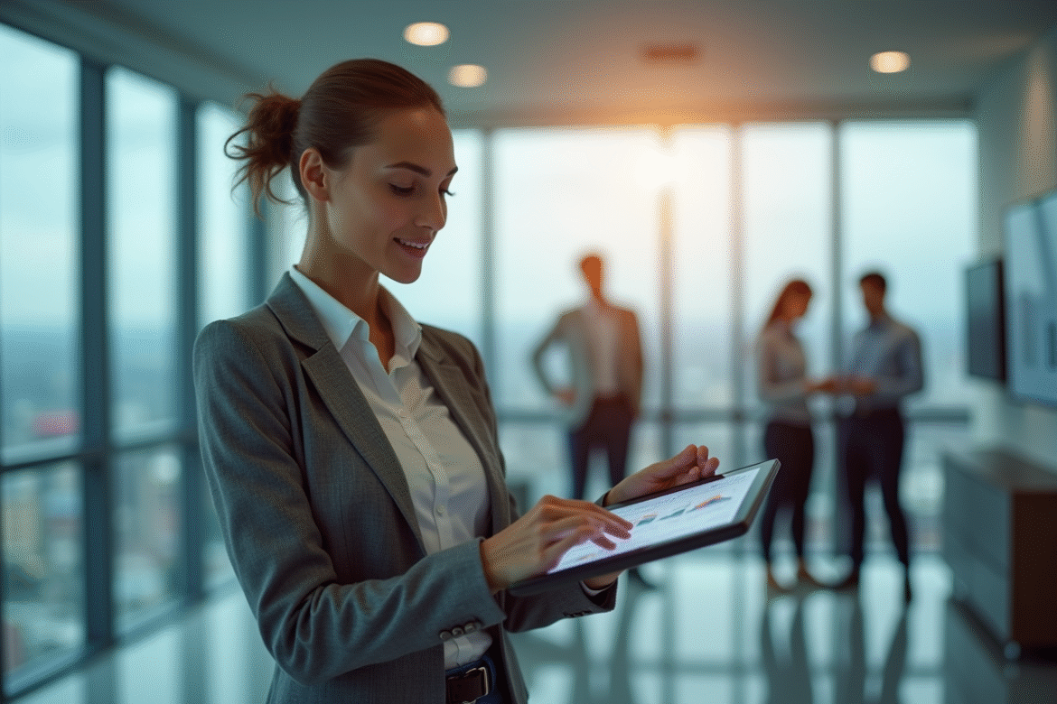 Femme d'affaires confiante analyse des graphiques financiers