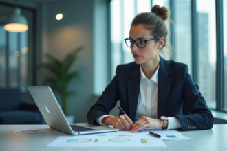 Femme réfléchie en bureau avec documents et illustrations AI