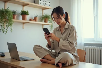 Jeune femme analysant des Instagram Stories sur son smartphone dans un bureau minimaliste, illustrant la stratégie de contenu sur les réseaux sociaux en 2026