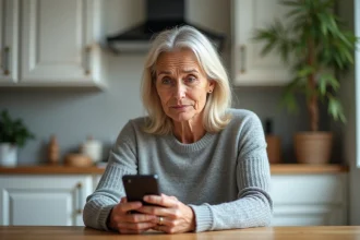 Femme regardant son téléphone avec une expression perplexe après avoir reçu un appel d'un numéro inconnu