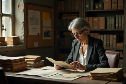 Femme étudiant des archives et coupures de journaux anciens dans une salle d'archives historiques liée à l'affaire Ruth Finley