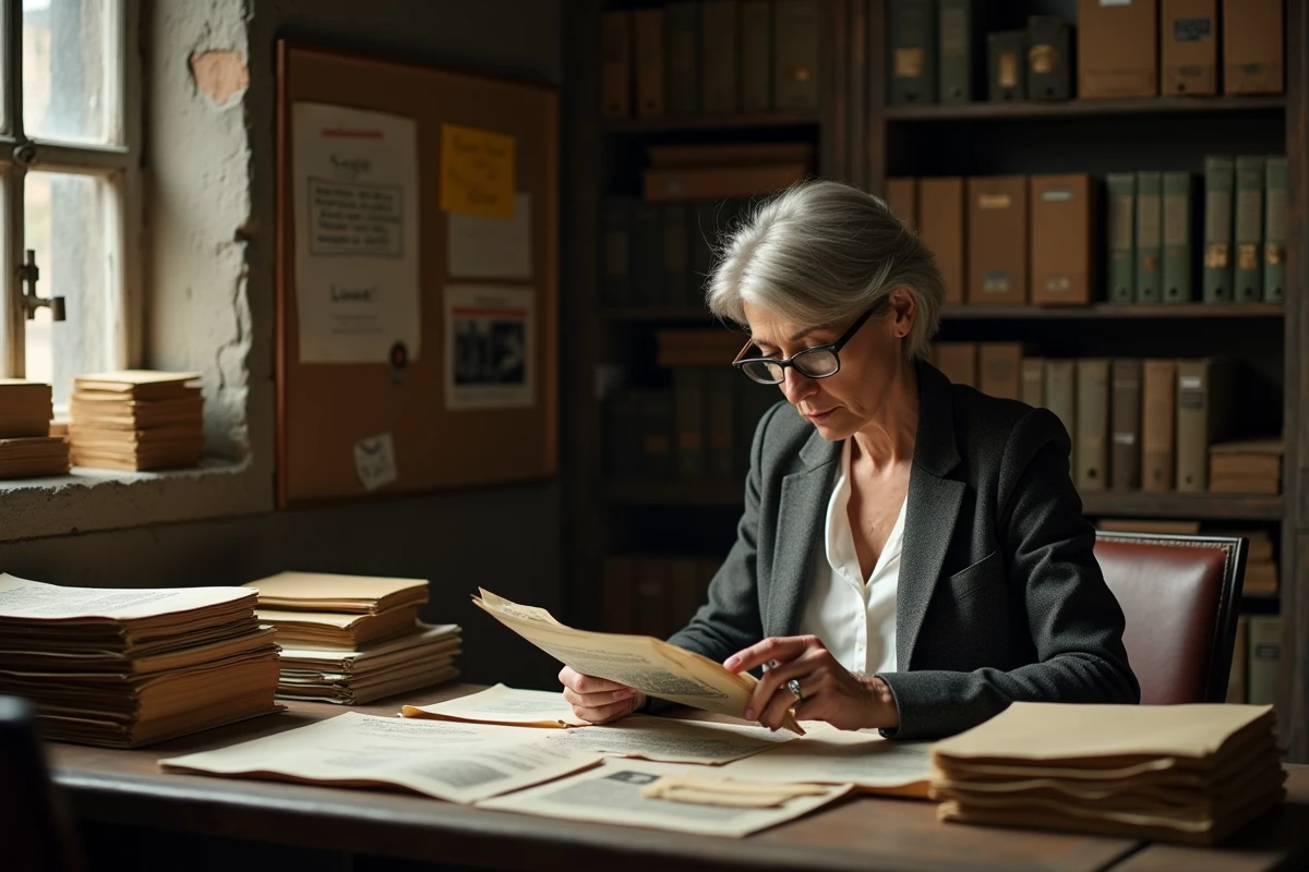 Femme étudiant des archives et coupures de journaux anciens dans une salle d'archives historiques liée à l'affaire Ruth Finley