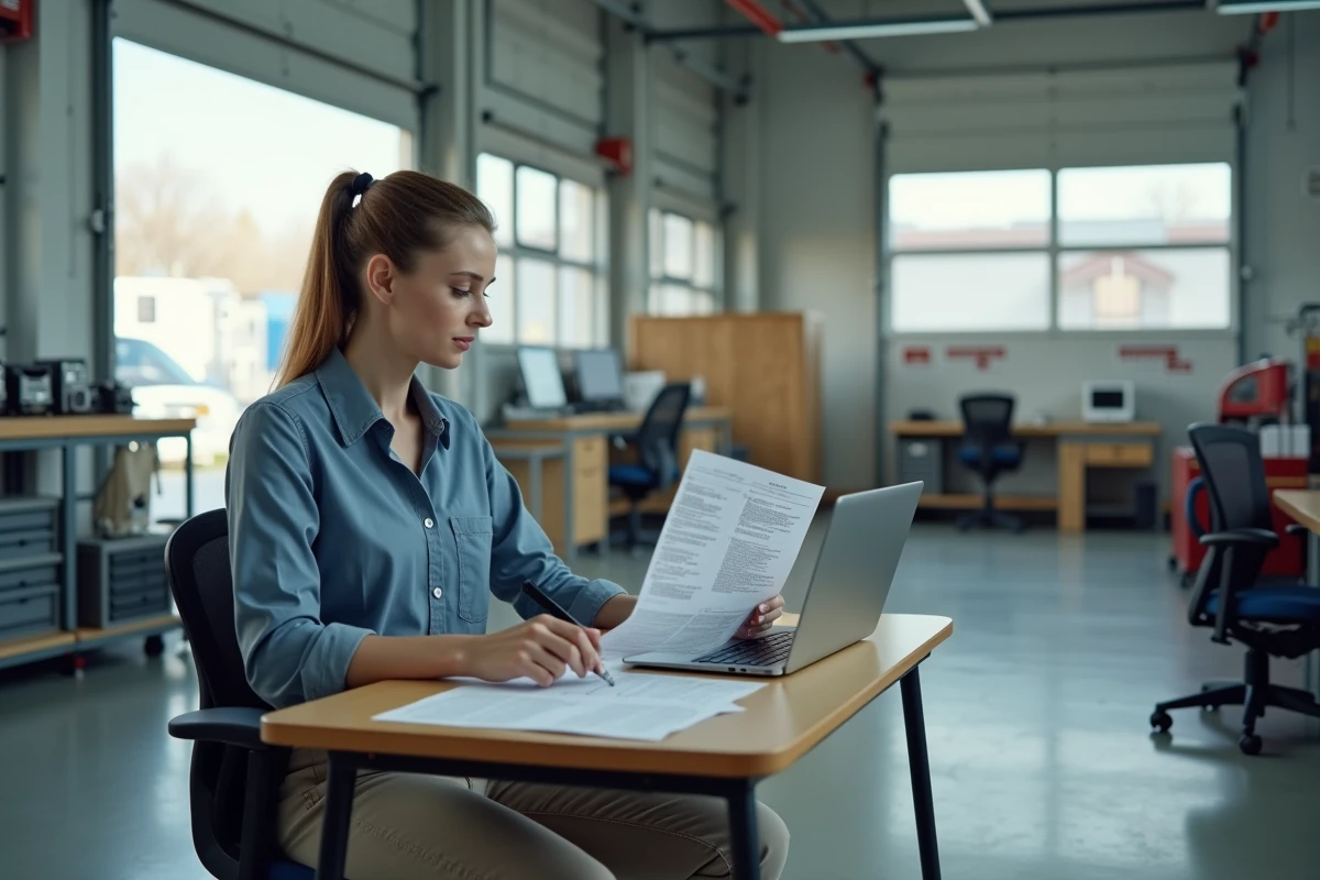 Jeune femme travaillant à son bureau dans un atelier lumineux