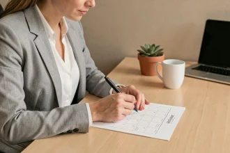Femme professionnelle consultant un calendrier papier imprimé à son bureau pour organiser les semaines paires 2026
