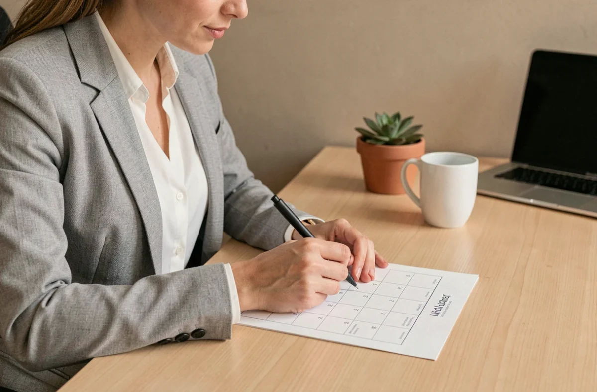 Femme professionnelle consultant un calendrier papier imprimé à son bureau pour organiser les semaines paires 2026