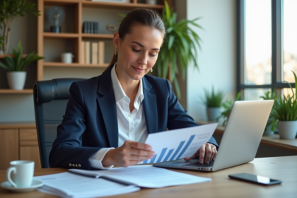 Femme d affaires en bureau avec documents fiscaux