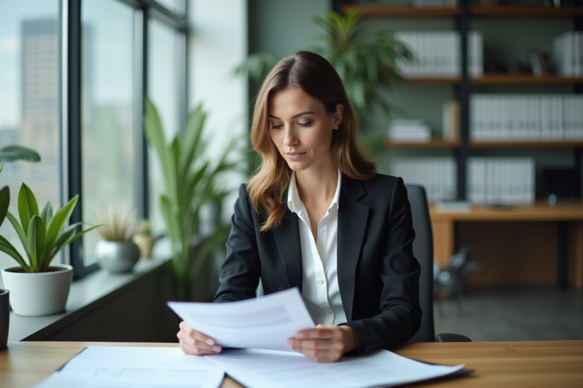 Femme en bureau moderne examinant des documents professionnels