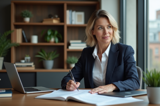 Femme d'âge moyen dans un bureau moderne avec documents et tablette