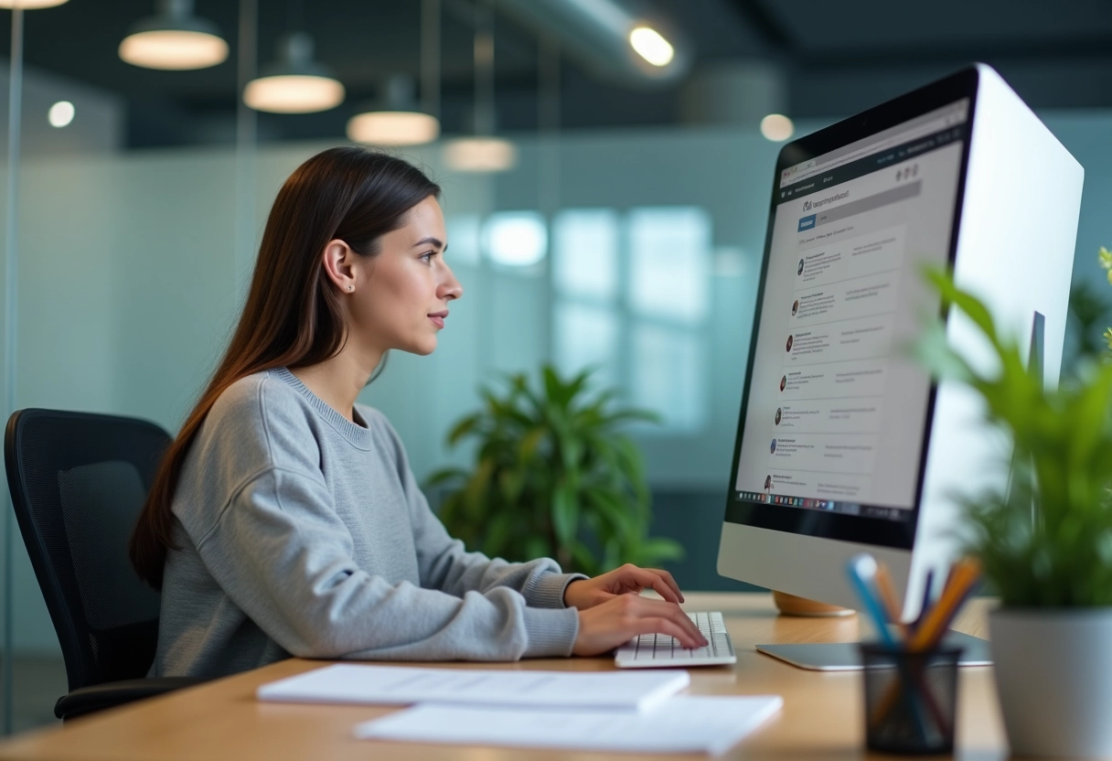 Jeune femme au bureau recherchant un numéro de téléphone sur son ordinateur