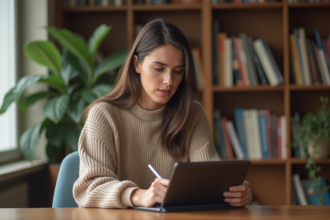Femme concentrée sur une tablette dans un bureau cosy