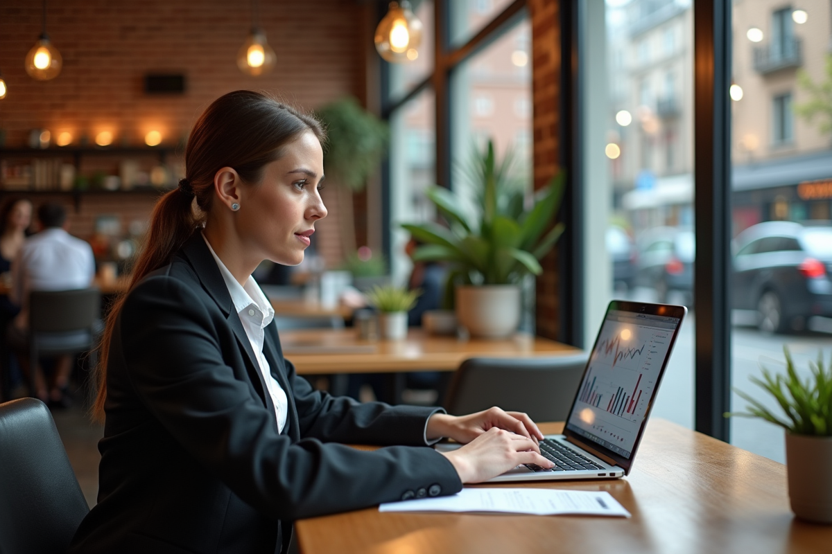 Jeune femme au café examinant des graphiques de portefeuille