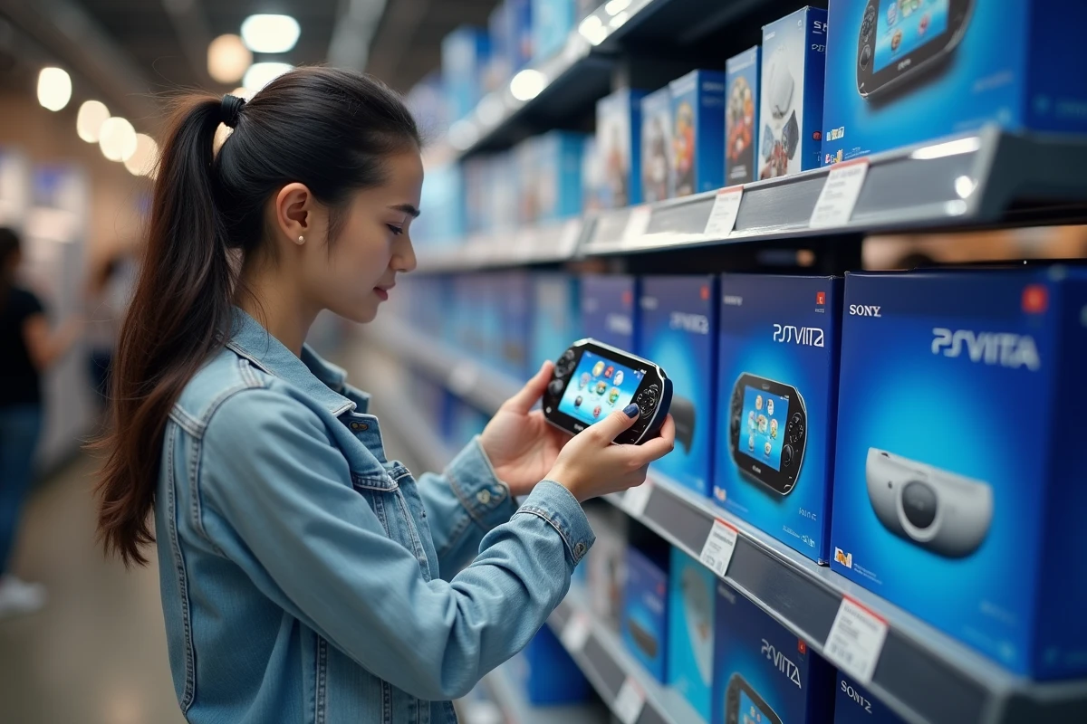 Femme hésitant entre une console portable Sony PS Vita et une PS5 dans un magasin de jeux vidéo