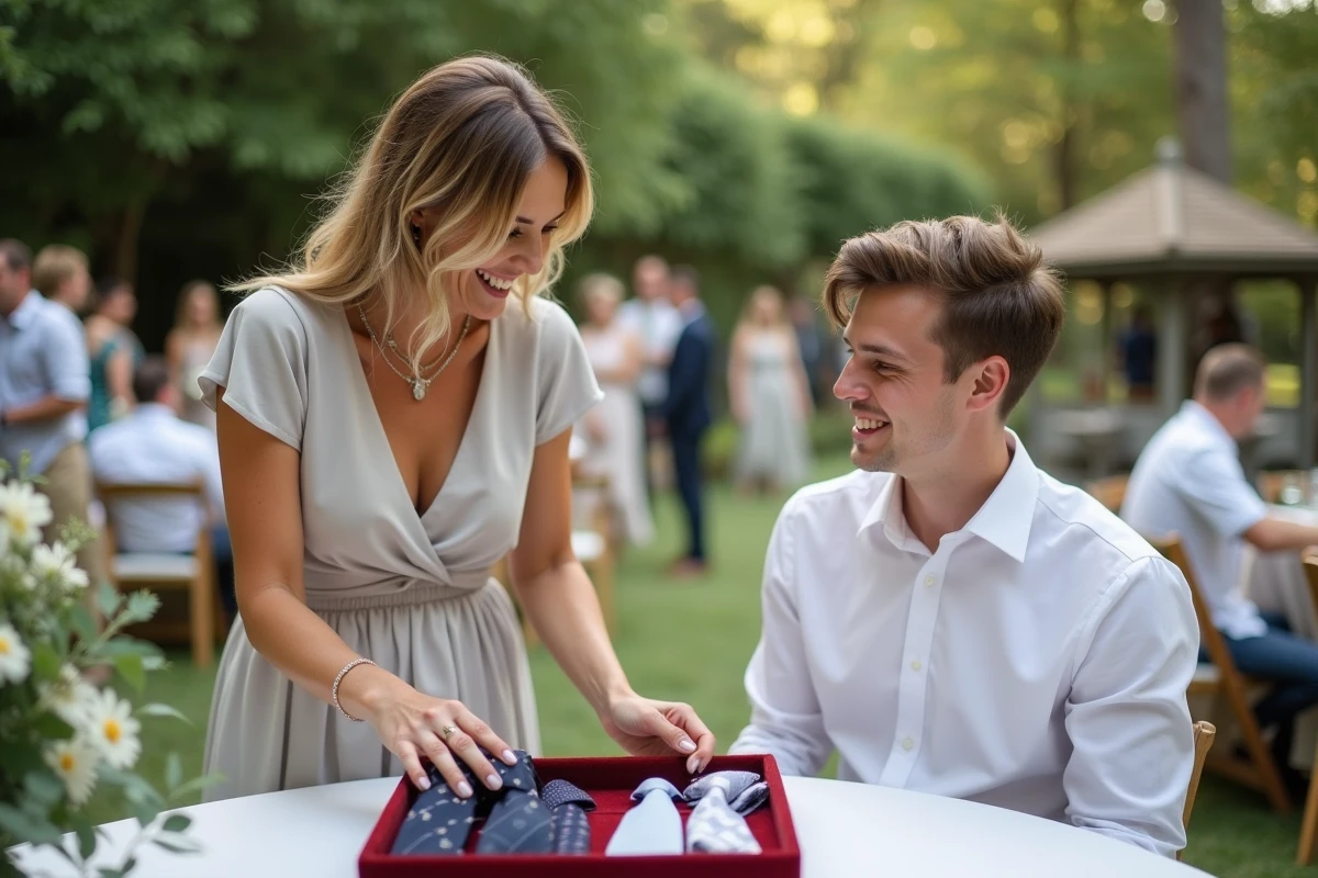 Femme souriante choisissant une cravate lors d’un mariage en extérieur