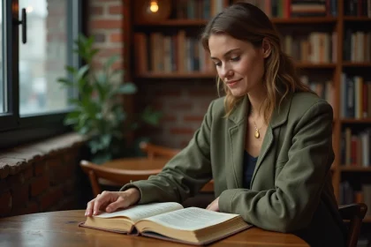 Femme lisant un livre de citations dans un café, exprimant une réflexion intérieure après une trahison