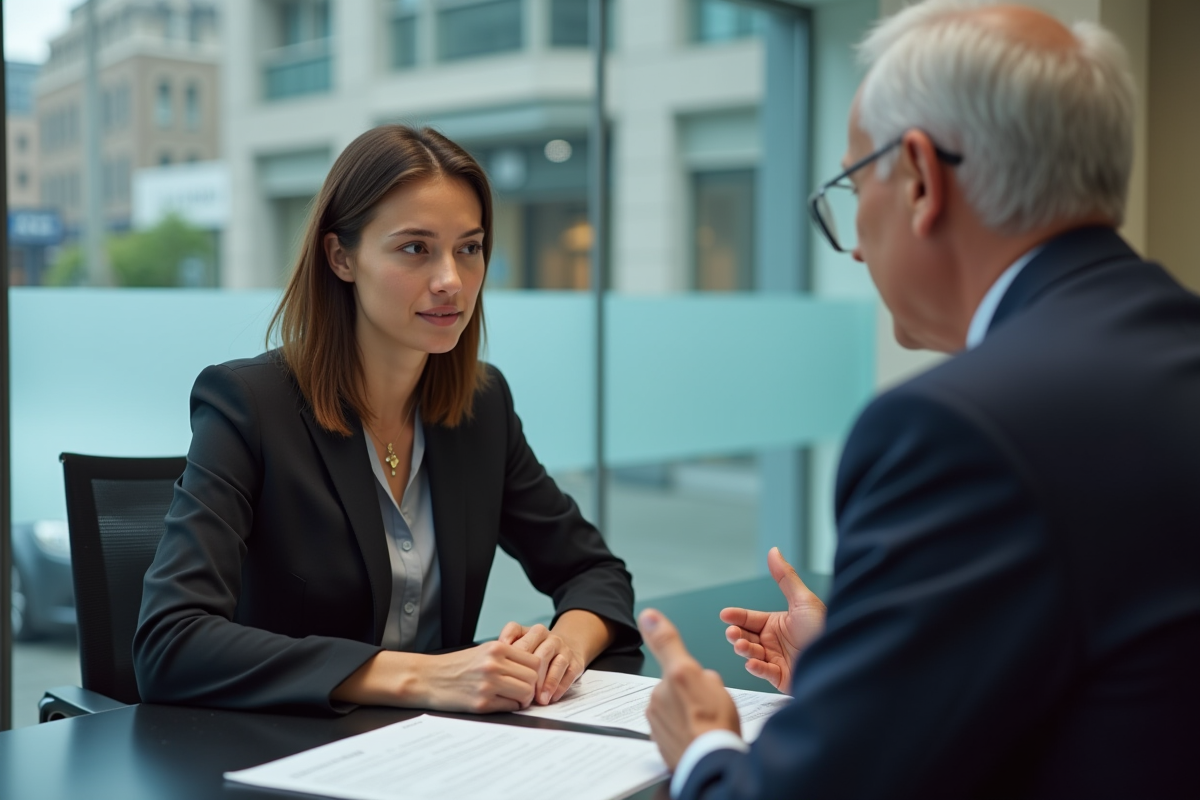 Jeune femme écoutant un conseiller bancaire dans un bureau moderne
